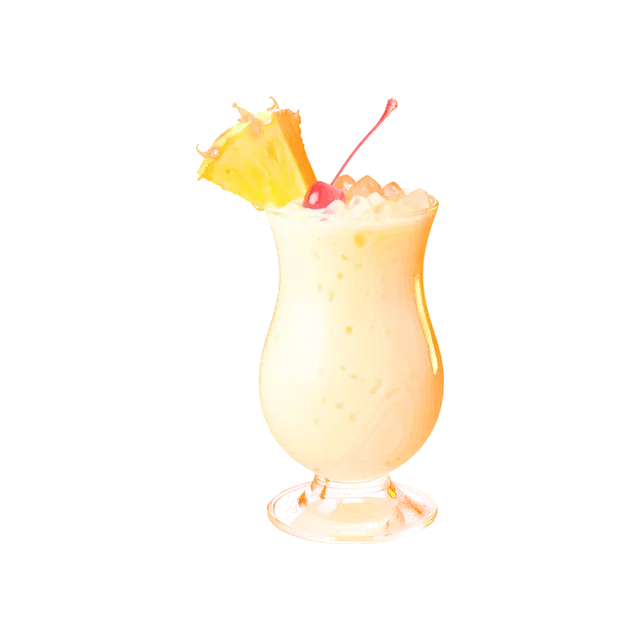 Pina Colada cocktail: creamy white-yellow drink over crushed ice in a curvy hurricane glass, with a pineapple wedge and a cherry