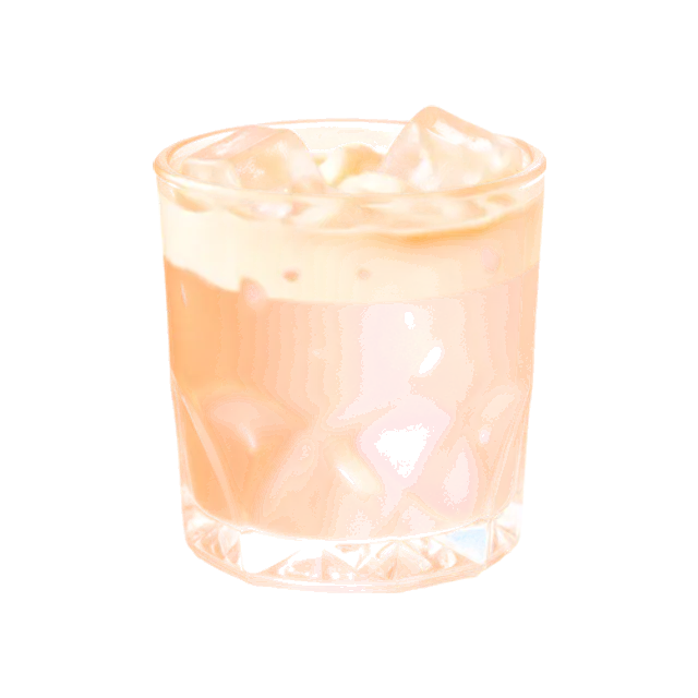 White Russian cocktail: creamy coffee-brown drink over ice in a crystal rocks glass, with swirls of cream